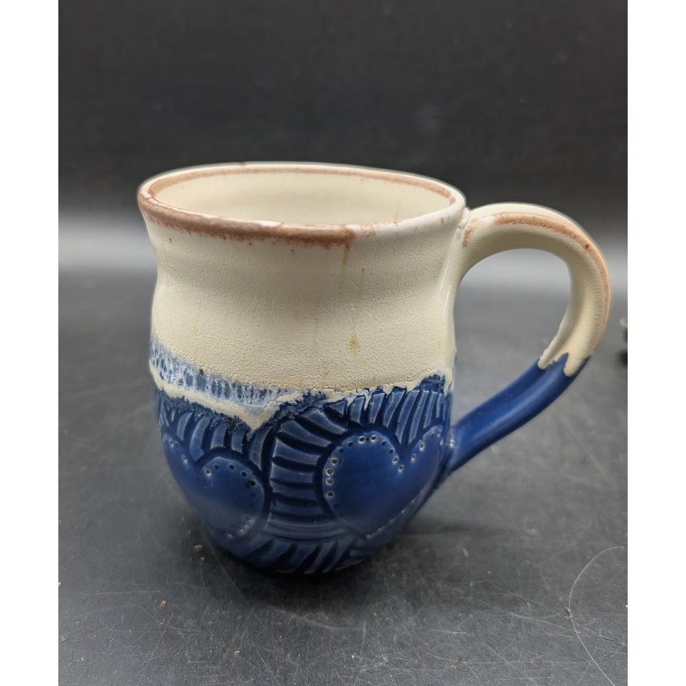 Studio Pottery Blue Cream Heart Embossed Stoneware Mug Signed AJ Artisan Cup